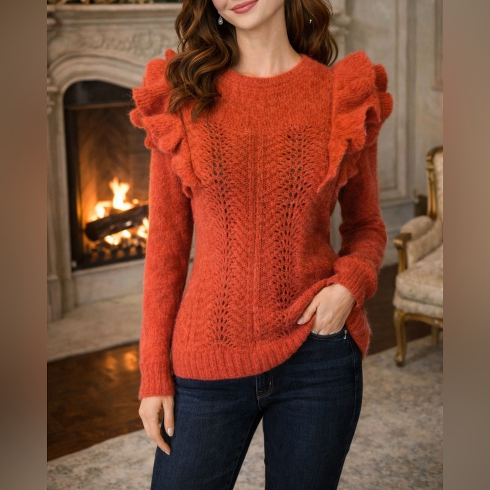 Anthropologie Atelier Reve Baked Apple Ruffle Sweater L Large Alpaca Wool